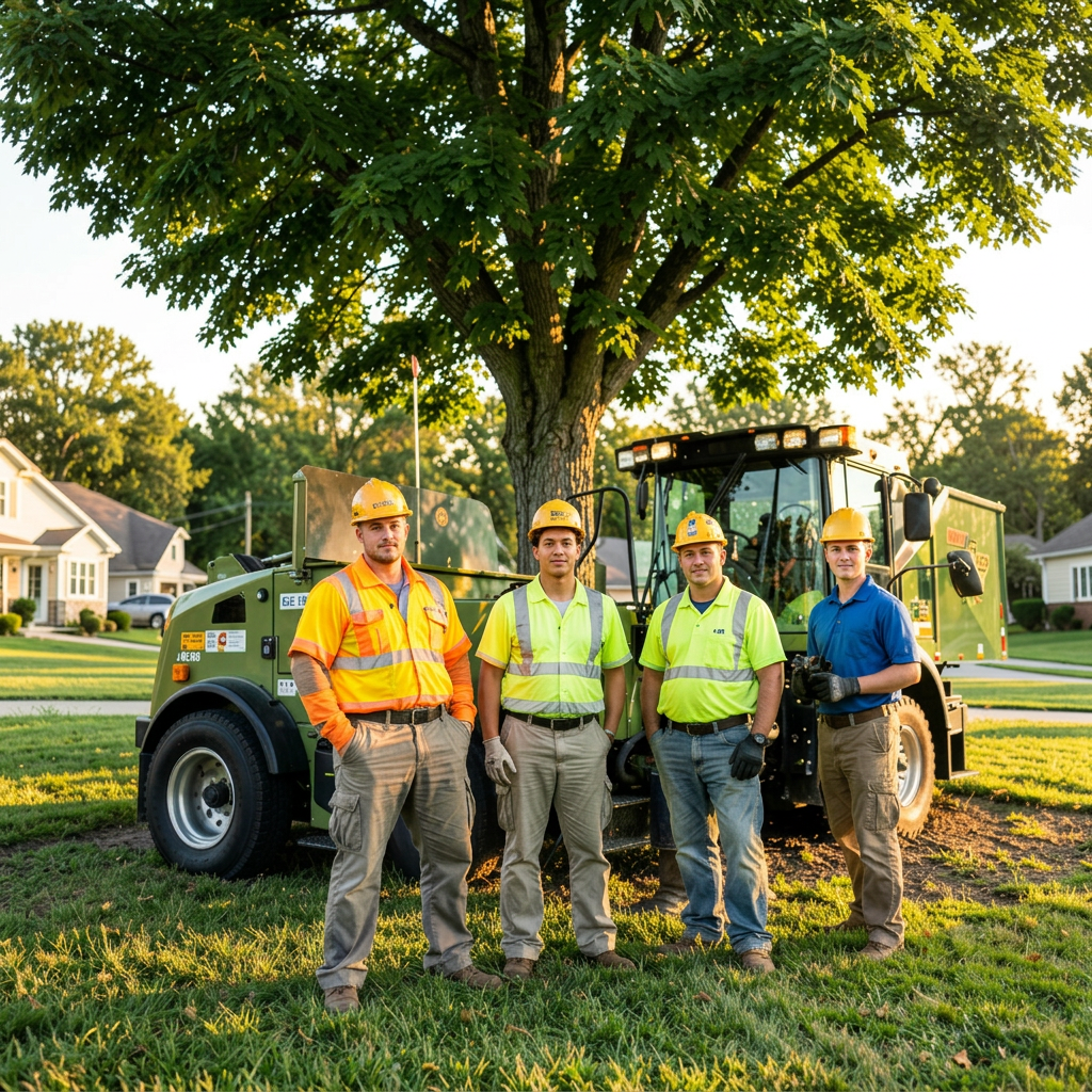 Mayck Tree Services crew standing beside their equipment under a large tree
